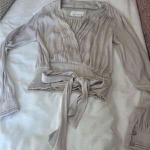 Anthropologie Cream Blouse with Blue Trim